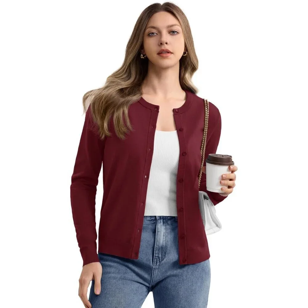 Women's Lightweight Knit Cardigan Button Down Crew Neck Long Sleeve Casual